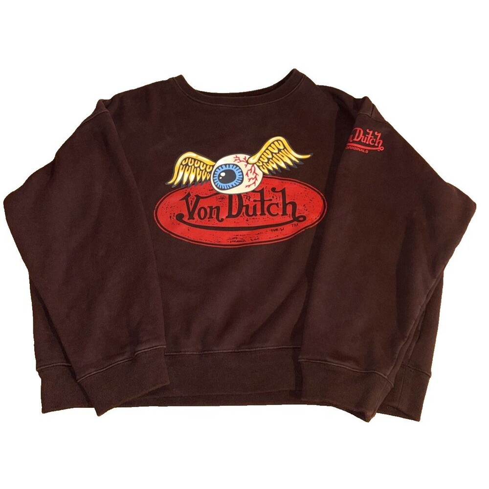 XL Von Dutch Pullover Brown Sweater Men’s XL Brown Eyeball Red Logo Crew Neck